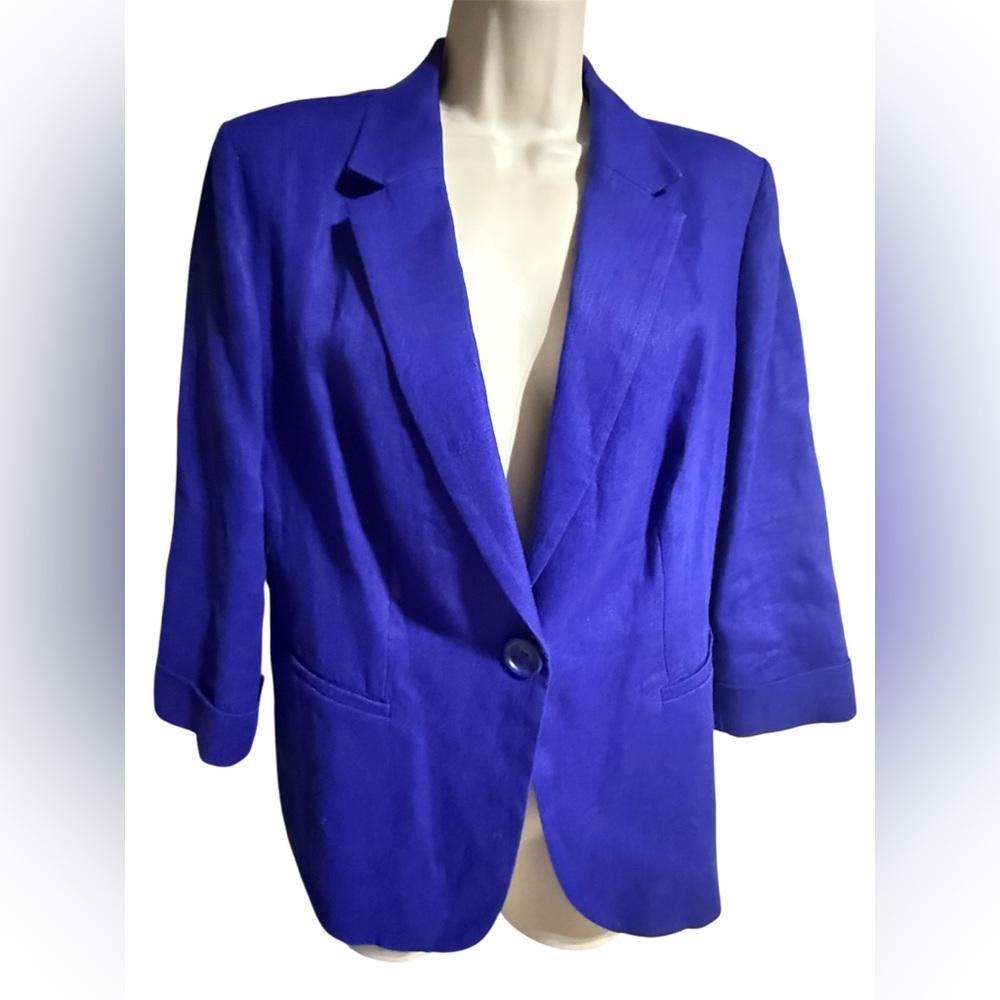 CHICOS Women's Cobalt Blue Linen Blazer 3/4 Sleeve Office attire
